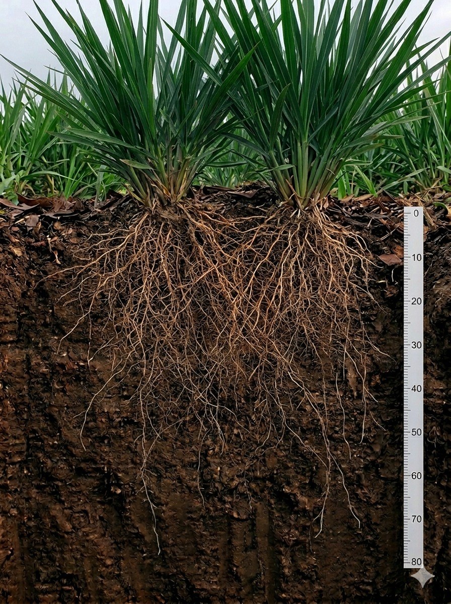 Perfil de solo em trincheira sob pastagem tropical com régua de profundidade: touceiras com sistema radicular fasciculado descendo além de 80 cm